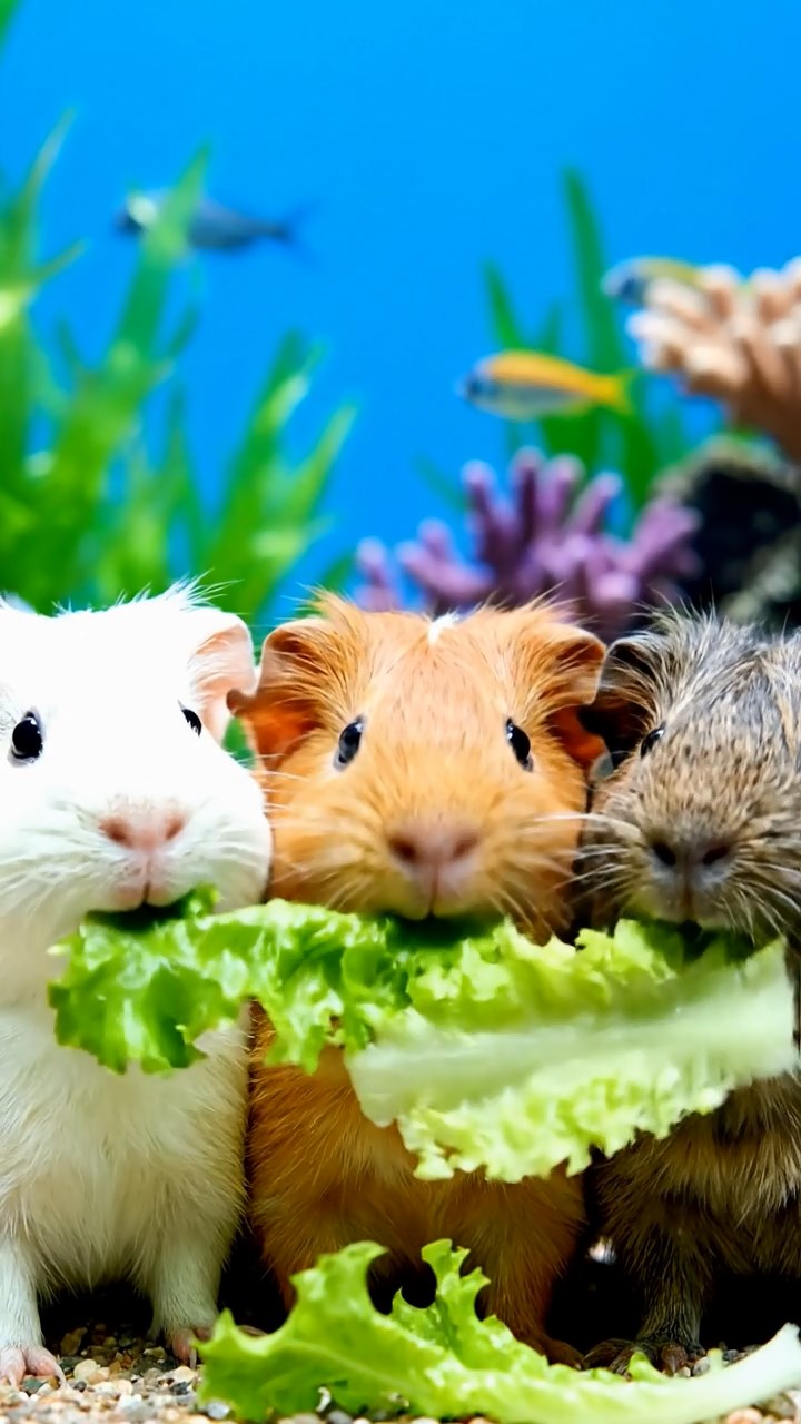 1301. A realistic close-up photo of 3 smooth-haired American guinea pigs with white, orange, and gray fur, eagerly munching on fresh lettuce leaves, in a vibrant coral reef sanctuary with schools of tropical fish and swaying seaweed under clear blue water.