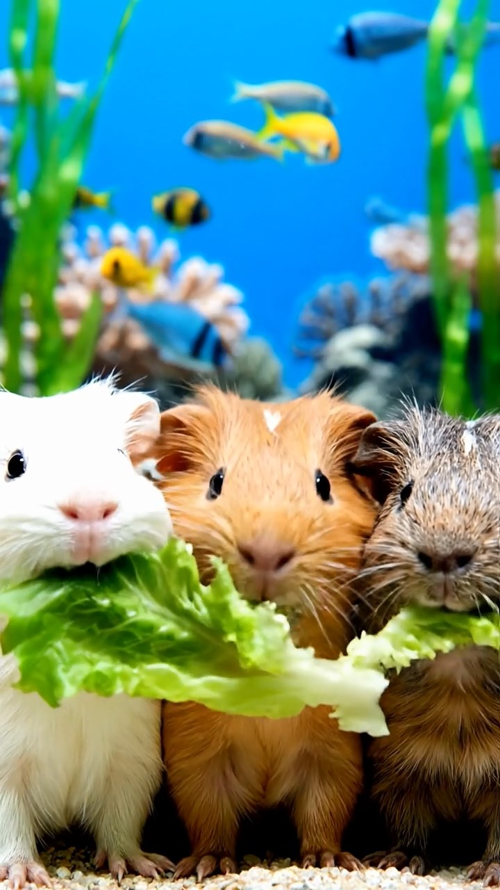 1301. A realistic close-up photo of 3 smooth-haired American guinea pigs with white, orange, and gray fur, eagerly munching on fresh lettuce leaves, in a vibrant coral reef sanctuary with schools of tropical fish and swaying seaweed under clear blue water.