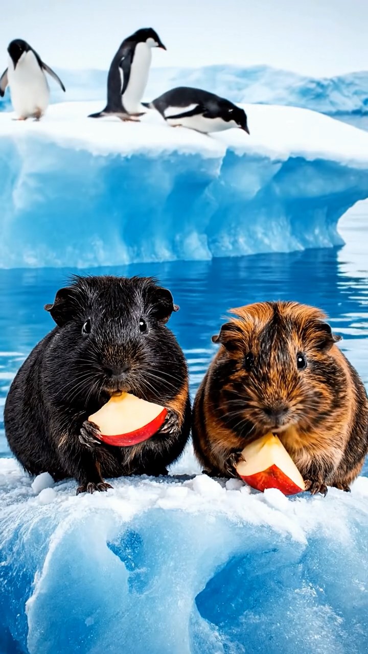 1302. Highly detailed realistic image of 2 smooth-haired Abyssinian guinea pigs featuring black and brown coats, nibbling on apple slices, on a floating Antarctic iceberg with penguins sliding nearby and icy winds.