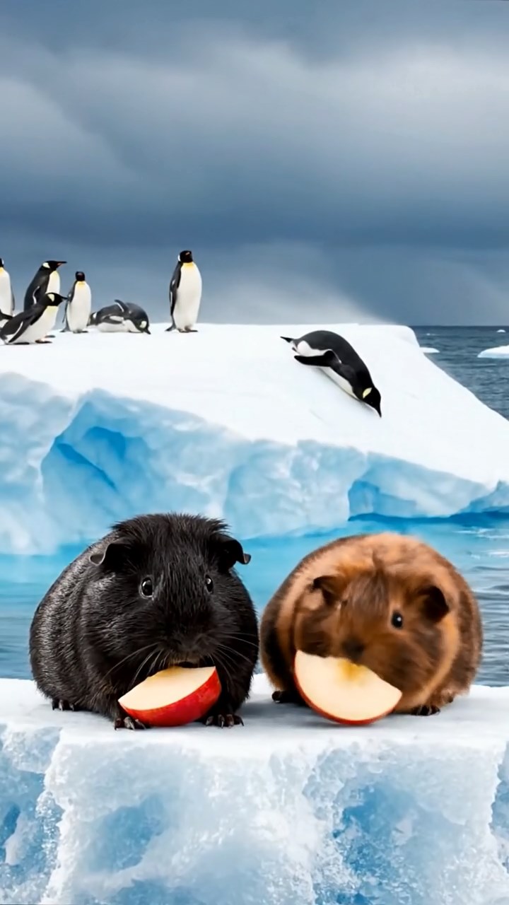 1302. Highly detailed realistic image of 2 smooth-haired Abyssinian guinea pigs featuring black and brown coats, nibbling on apple slices, on a floating Antarctic iceberg with penguins sliding nearby and icy winds.