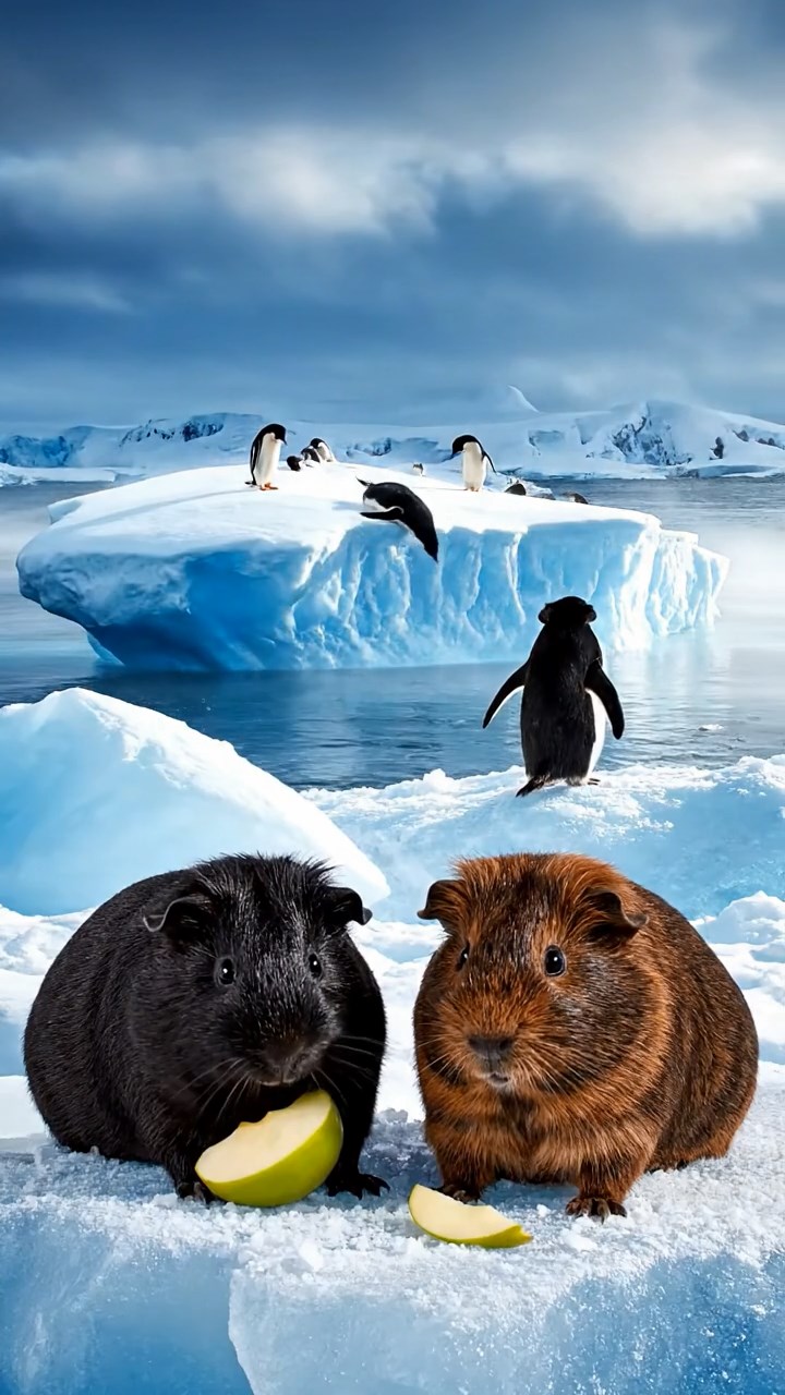 1302. Highly detailed realistic image of 2 smooth-haired Abyssinian guinea pigs featuring black and brown coats, nibbling on apple slices, on a floating Antarctic iceberg with penguins sliding nearby and icy winds.