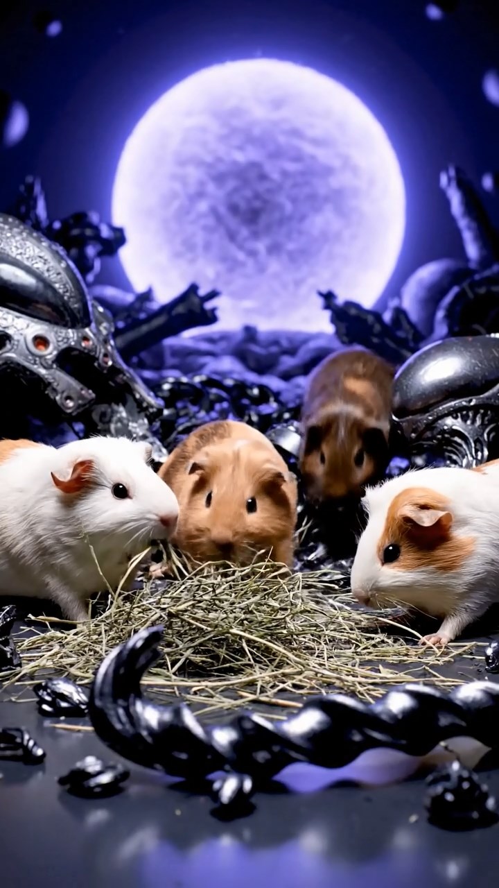 1303. Photorealistic scene of 4 smooth-haired Peruvian guinea pigs with cream, fawn, and chocolate fur, eating dried timothy hay, inside a mysterious alien crash site with metallic debris and glowing artifacts.