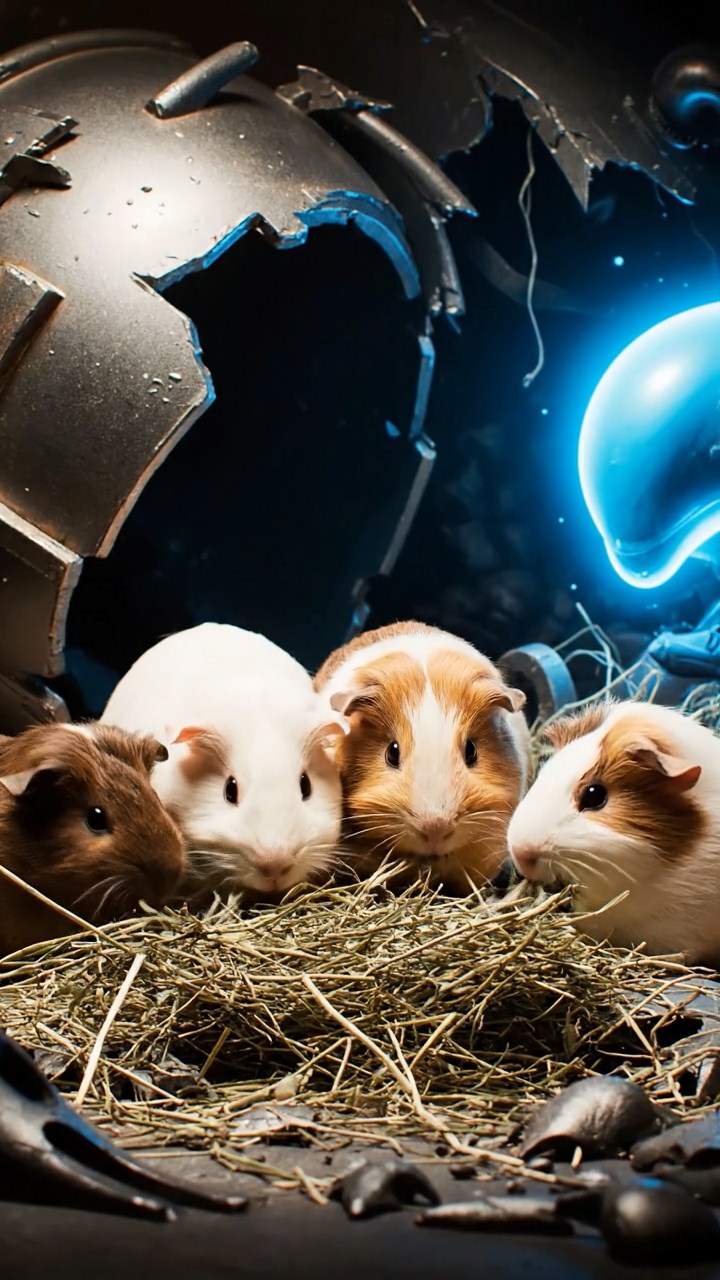 1303. Photorealistic scene of 4 smooth-haired Peruvian guinea pigs with cream, fawn, and chocolate fur, eating dried timothy hay, inside a mysterious alien crash site with metallic debris and glowing artifacts.