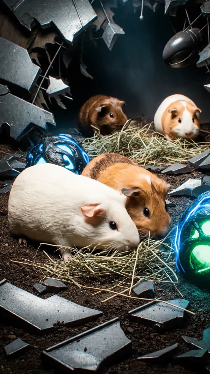 1303. Photorealistic scene of 4 smooth-haired Peruvian guinea pigs with cream, fawn, and chocolate fur, eating dried timothy hay, inside a mysterious alien crash site with metallic debris and glowing artifacts.