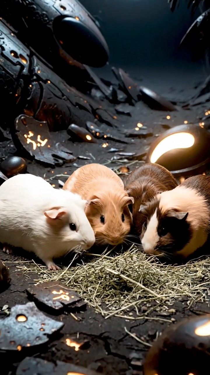 1303. Photorealistic scene of 4 smooth-haired Peruvian guinea pigs with cream, fawn, and chocolate fur, eating dried timothy hay, inside a mysterious alien crash site with metallic debris and glowing artifacts.