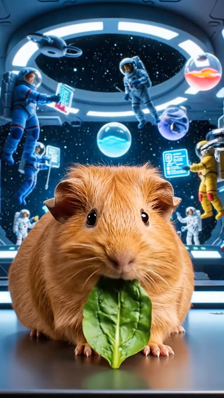 1304. Realistic depiction of 1 smooth-haired Silkie guinea pig with cinnamon fur, chewing on spinach leaves, in a bustling cosmic space station hub with astronauts and zero-gravity floating items.
