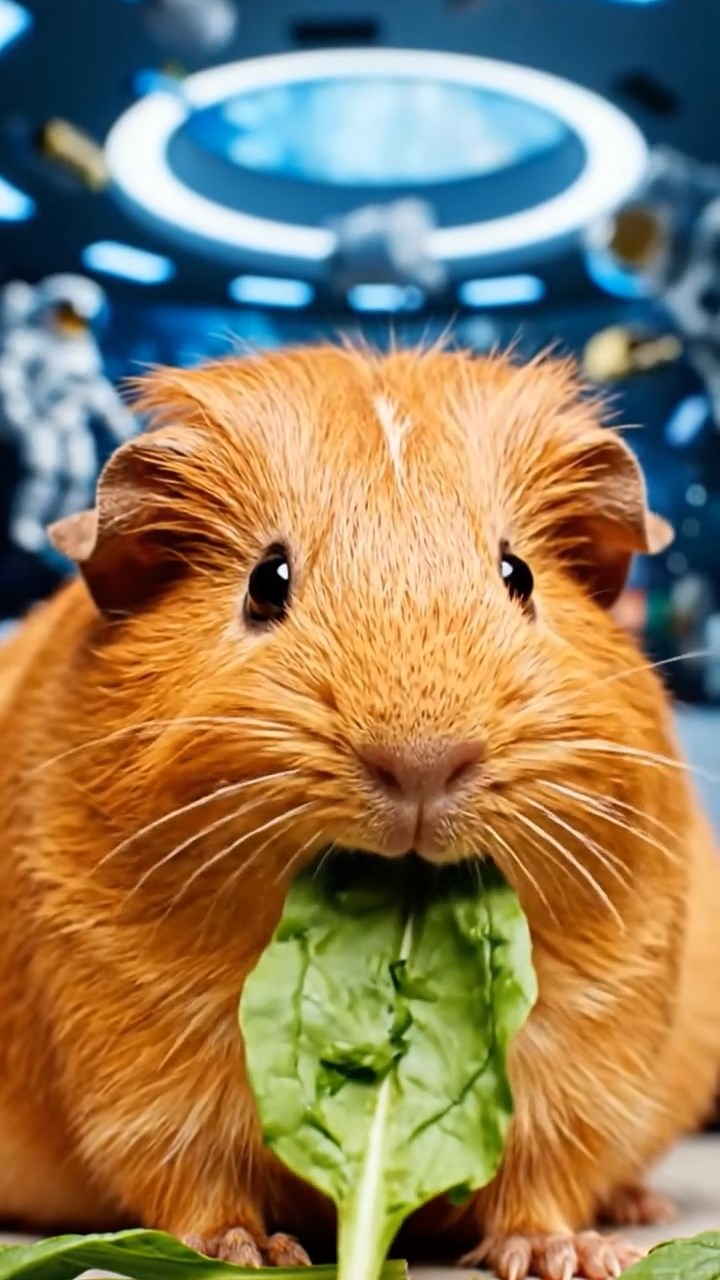 1304. Realistic depiction of 1 smooth-haired Silkie guinea pig with cinnamon fur, chewing on spinach leaves, in a bustling cosmic space station hub with astronauts and zero-gravity floating items.