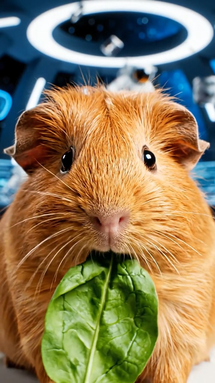 1304. Realistic depiction of 1 smooth-haired Silkie guinea pig with cinnamon fur, chewing on spinach leaves, in a bustling cosmic space station hub with astronauts and zero-gravity floating items.