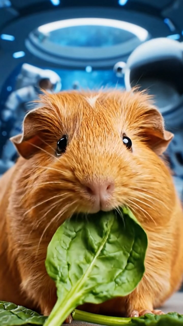 1304. Realistic depiction of 1 smooth-haired Silkie guinea pig with cinnamon fur, chewing on spinach leaves, in a bustling cosmic space station hub with astronauts and zero-gravity floating items.