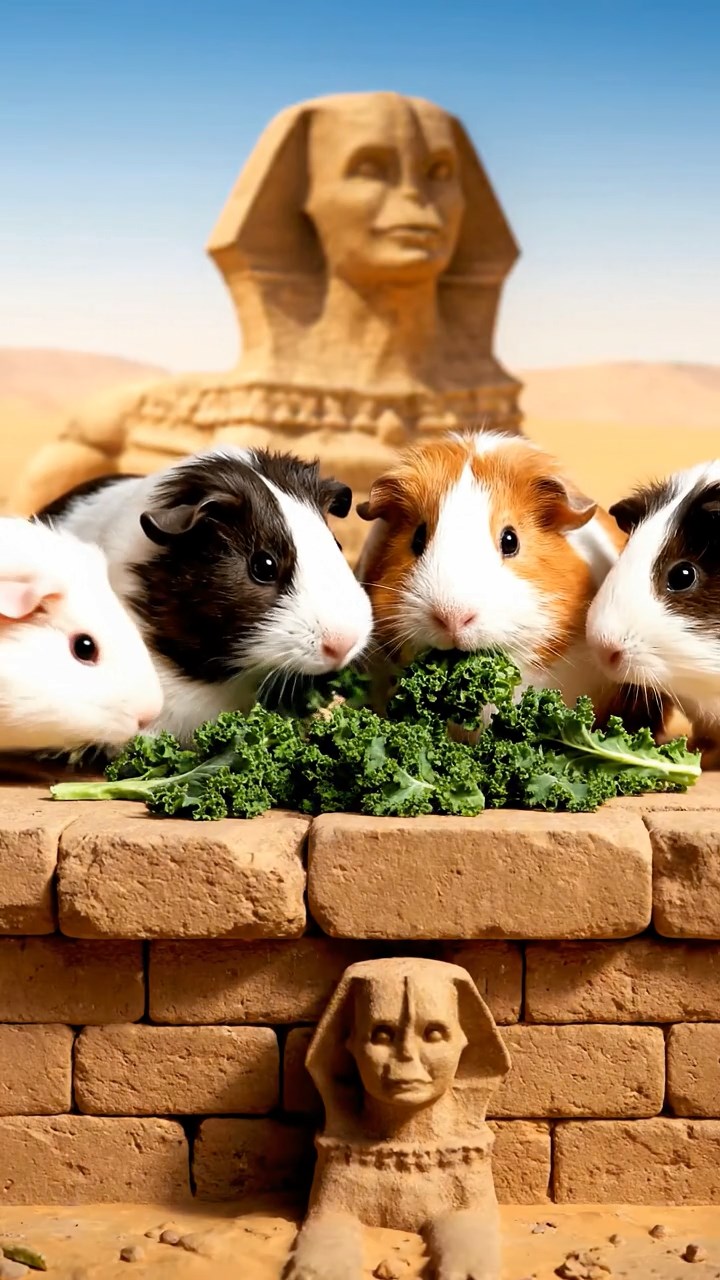 1305. Detailed realistic photo of 5 smooth-haired Teddy guinea pigs in sable, white, and orange colors, sharing kale greens, on an ancient Giza pyramid ledge with sphinx and desert sands below.