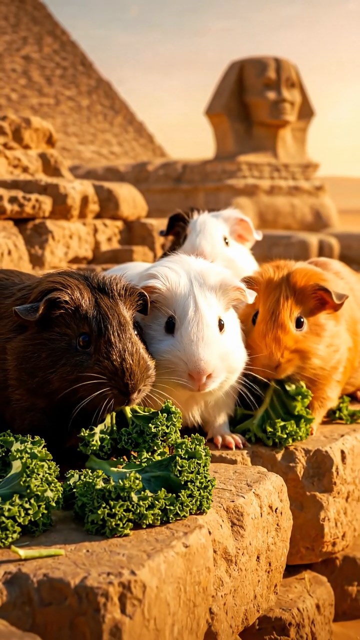 1305. Detailed realistic photo of 5 smooth-haired Teddy guinea pigs in sable, white, and orange colors, sharing kale greens, on an ancient Giza pyramid ledge with sphinx and desert sands below.