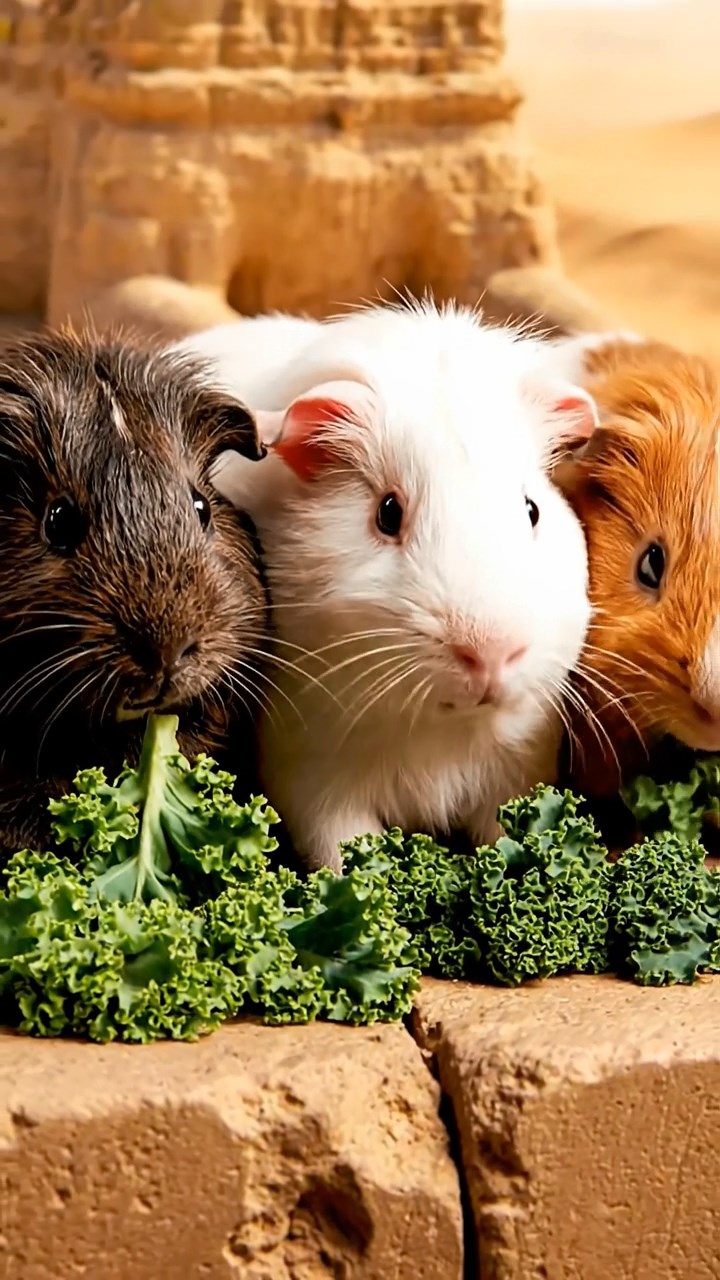 1305. Detailed realistic photo of 5 smooth-haired Teddy guinea pigs in sable, white, and orange colors, sharing kale greens, on an ancient Giza pyramid ledge with sphinx and desert sands below.