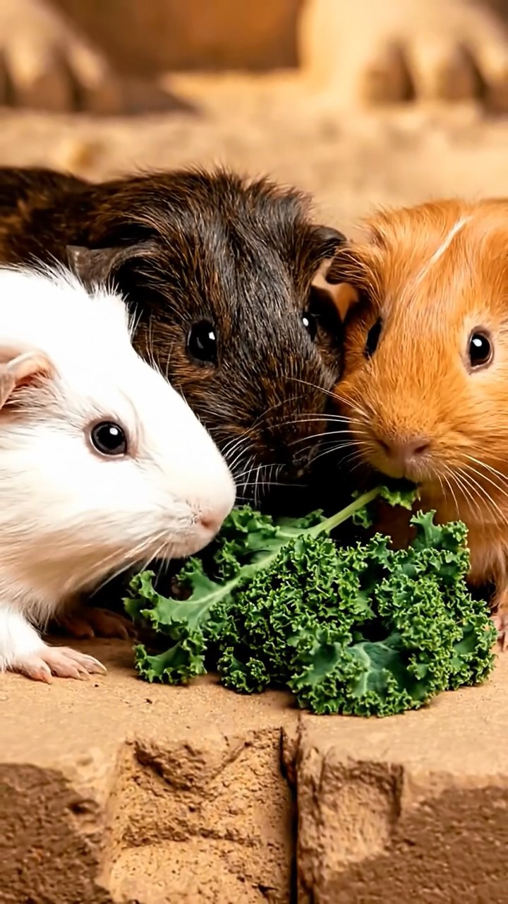 1305. Detailed realistic photo of 5 smooth-haired Teddy guinea pigs in sable, white, and orange colors, sharing kale greens, on an ancient Giza pyramid ledge with sphinx and desert sands below.