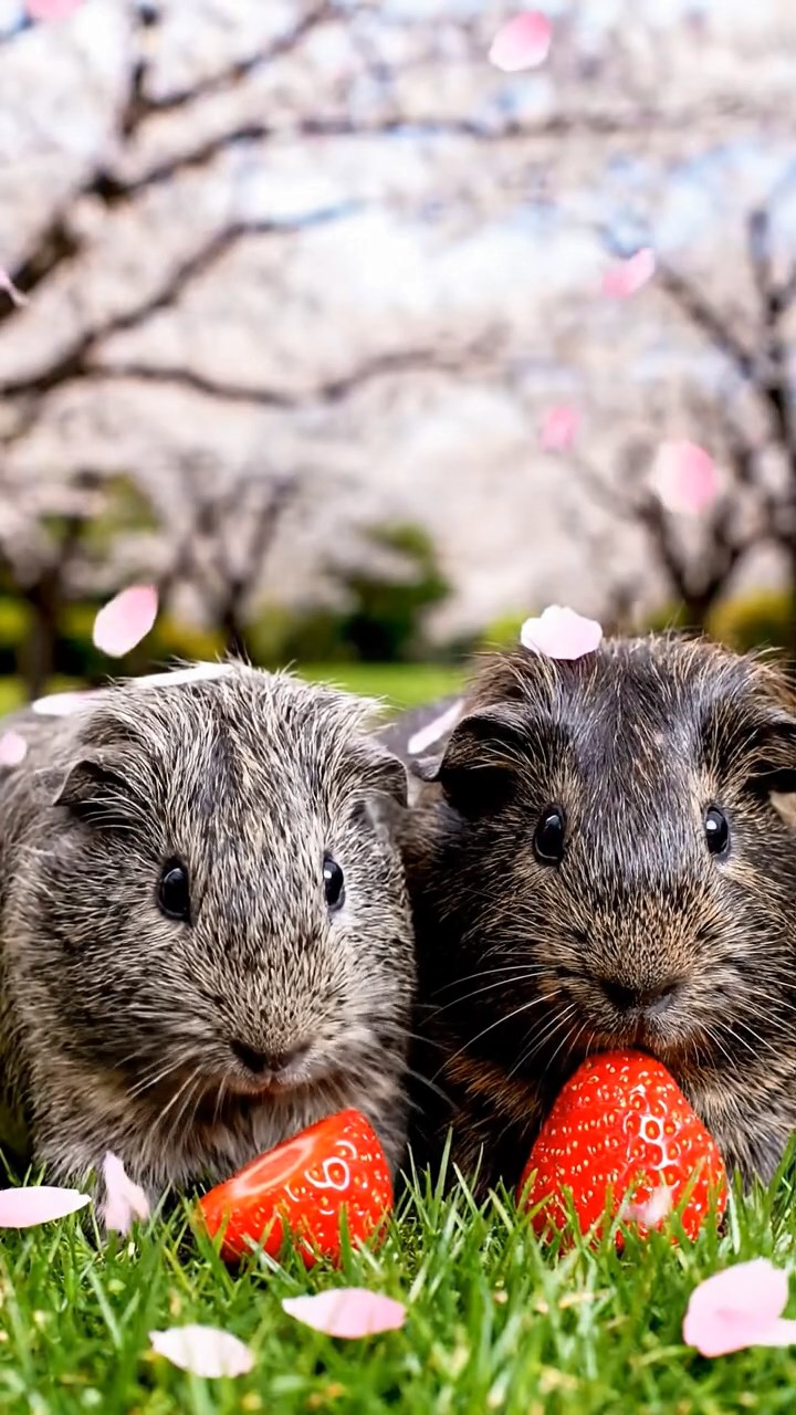 1306. Photorealistic view of 2 smooth-haired Texel guinea pigs with gray and black fur, enjoying strawberry halves, amid a serene Japanese cherry sakura park with petals falling gently.