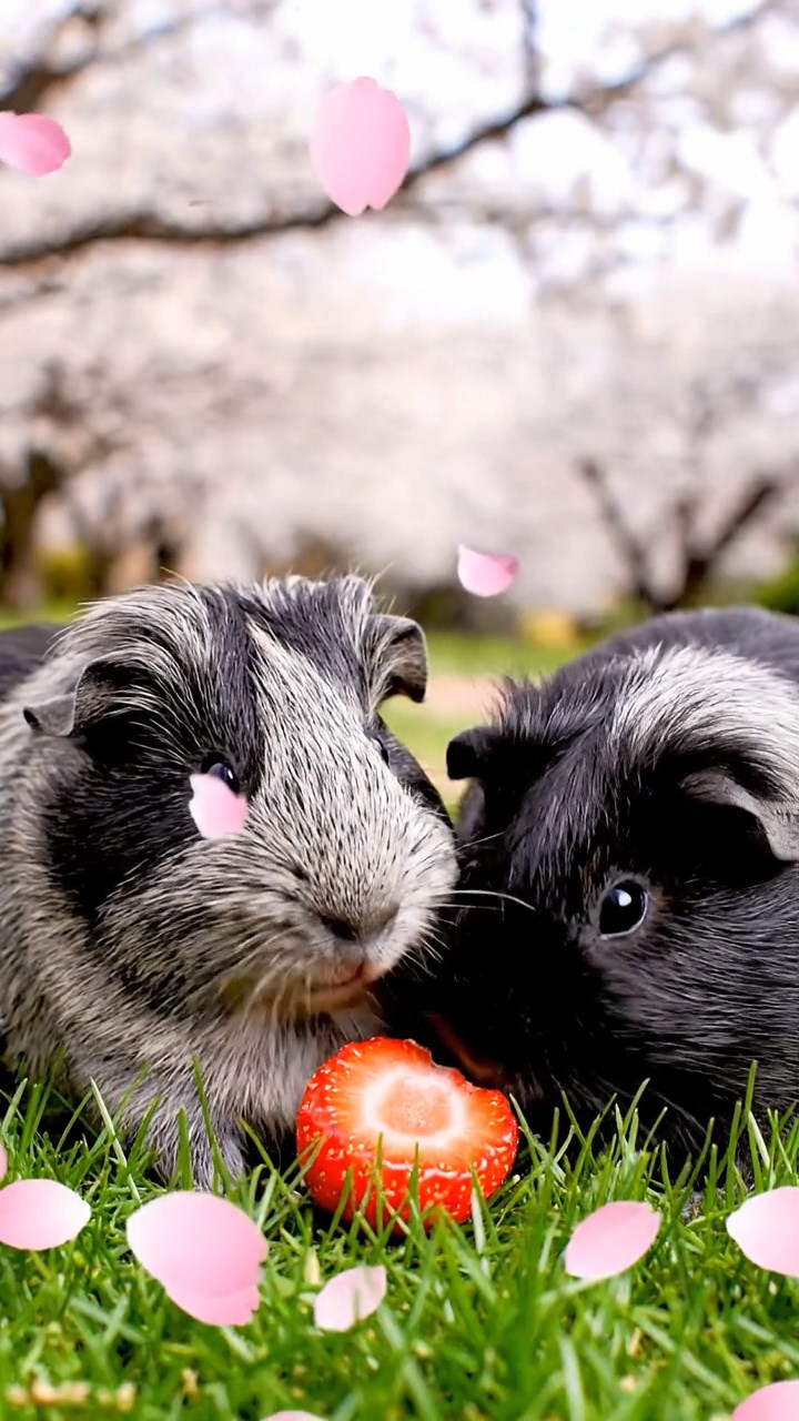1306. Photorealistic view of 2 smooth-haired Texel guinea pigs with gray and black fur, enjoying strawberry halves, amid a serene Japanese cherry sakura park with petals falling gently.