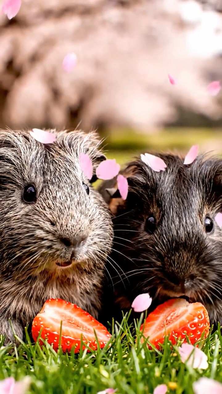 1306. Photorealistic view of 2 smooth-haired Texel guinea pigs with gray and black fur, enjoying strawberry halves, amid a serene Japanese cherry sakura park with petals falling gently.