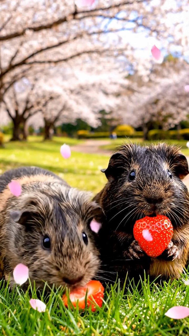 1306. Photorealistic view of 2 smooth-haired Texel guinea pigs with gray and black fur, enjoying strawberry halves, amid a serene Japanese cherry sakura park with petals falling gently.