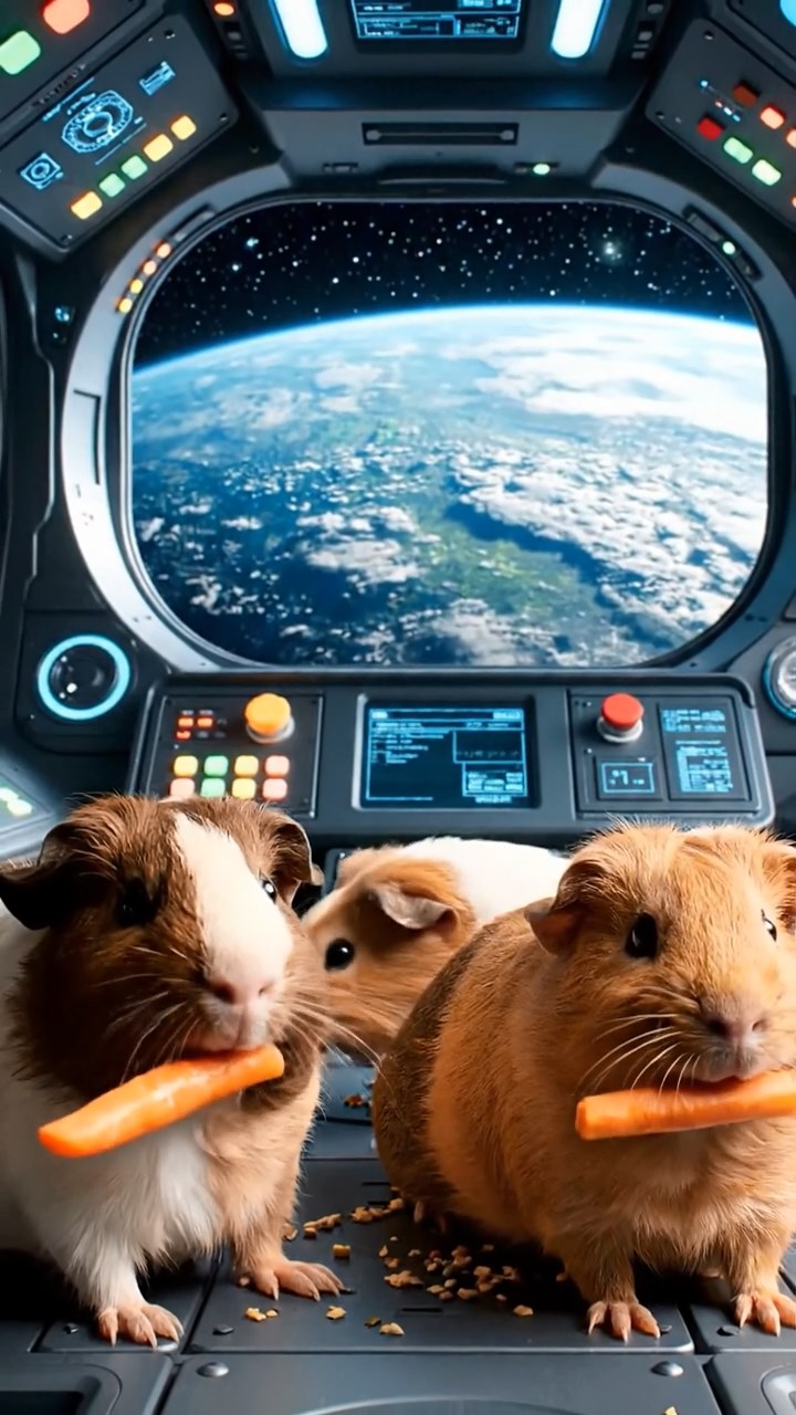 1307. Realistic image of 3 smooth-haired Rex guinea pigs featuring brown, cream, and fawn coats, munching on carrot sticks, in a orbiting space capsule interior with control panels and planet views.