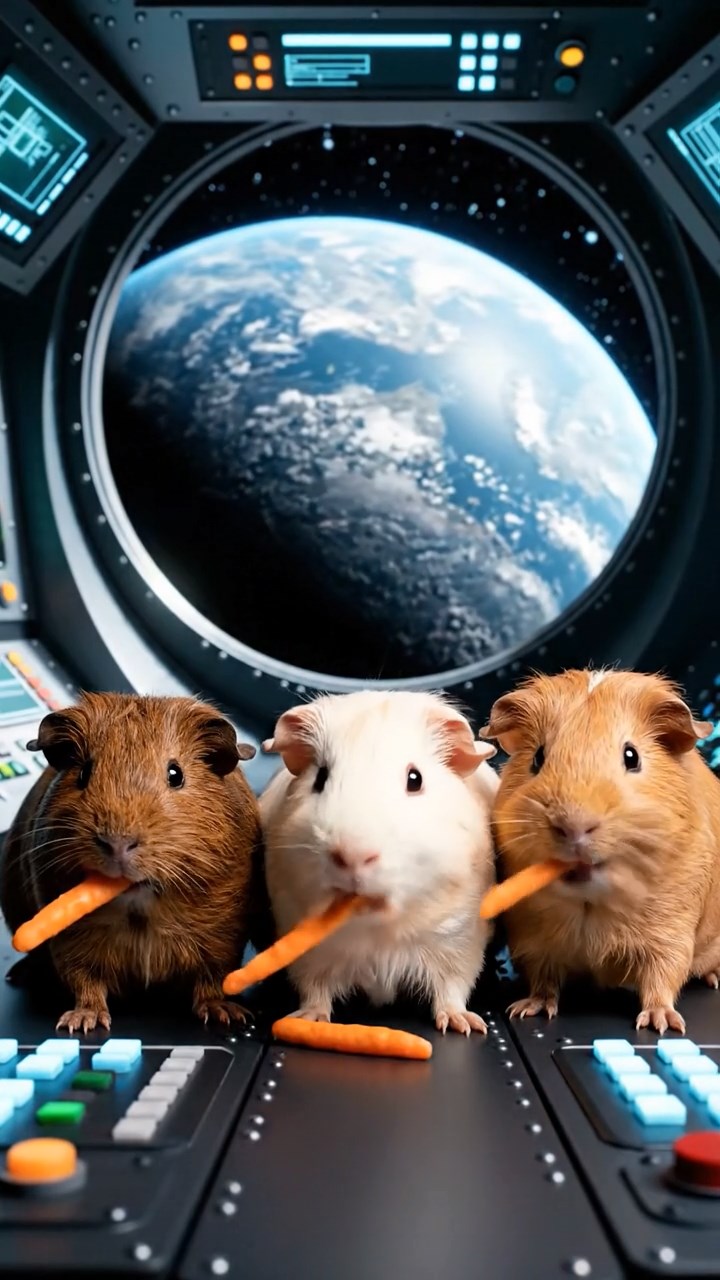 1307. Realistic image of 3 smooth-haired Rex guinea pigs featuring brown, cream, and fawn coats, munching on carrot sticks, in a orbiting space capsule interior with control panels and planet views.