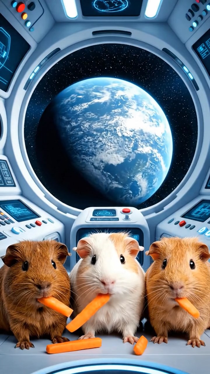 1307. Realistic image of 3 smooth-haired Rex guinea pigs featuring brown, cream, and fawn coats, munching on carrot sticks, in a orbiting space capsule interior with control panels and planet views.