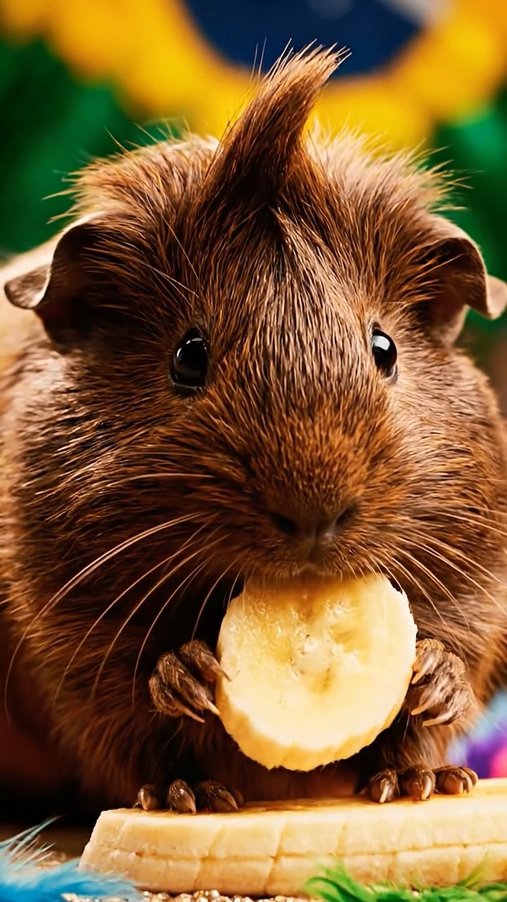 1308. Highly detailed scene of 1 smooth-haired Coronet guinea pig with chocolate fur, nibbling on banana slices, on a festive Brazilian samba parade float with dancers and feathers.