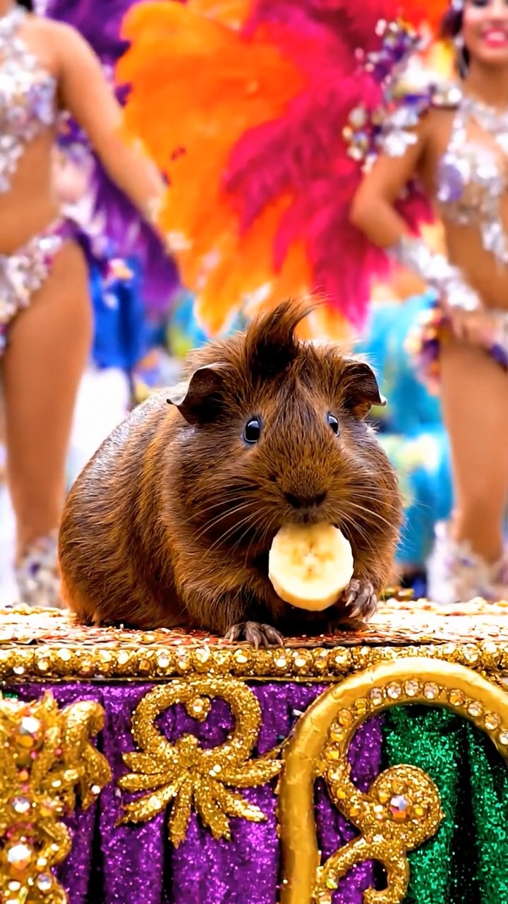 1308. Highly detailed scene of 1 smooth-haired Coronet guinea pig with chocolate fur, nibbling on banana slices, on a festive Brazilian samba parade float with dancers and feathers.