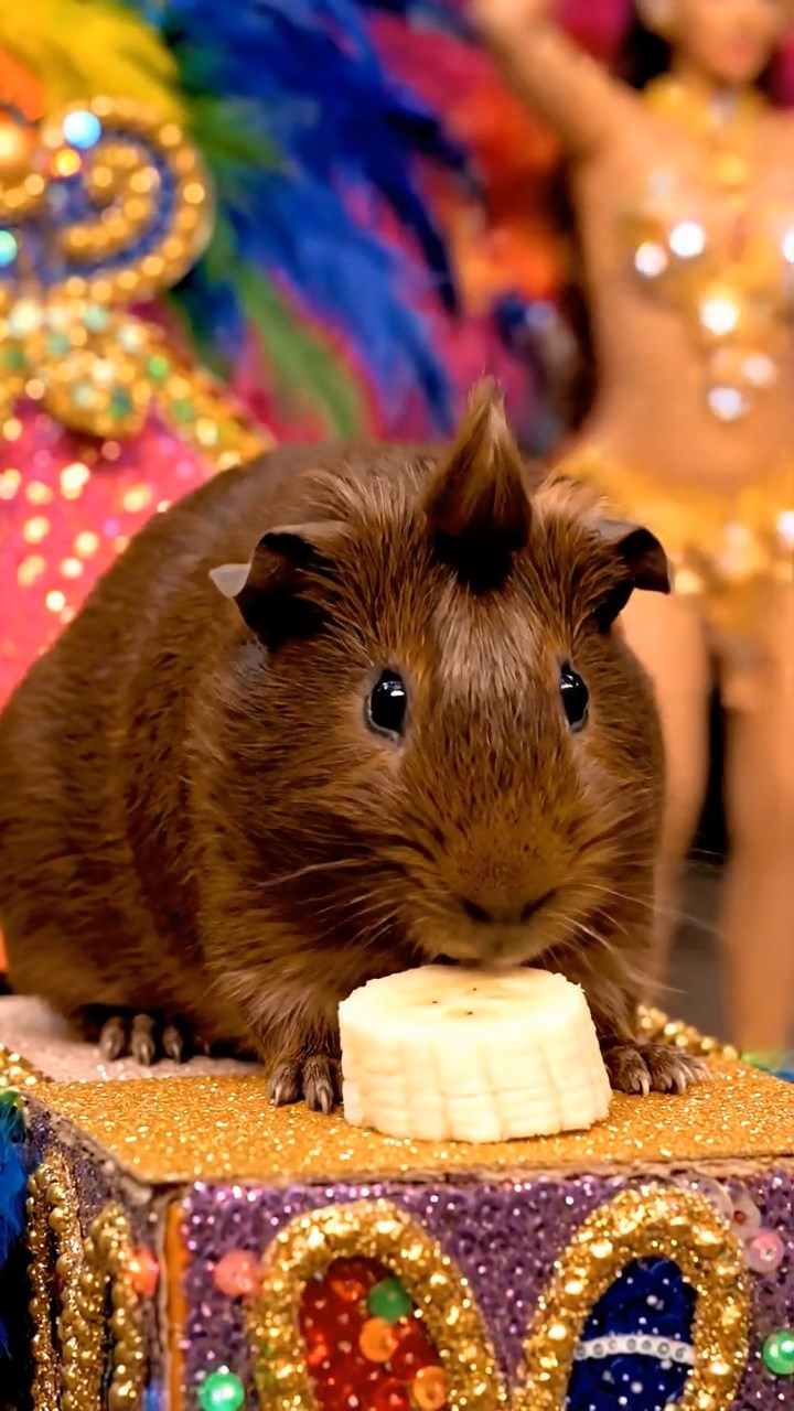 1308. Highly detailed scene of 1 smooth-haired Coronet guinea pig with chocolate fur, nibbling on banana slices, on a festive Brazilian samba parade float with dancers and feathers.