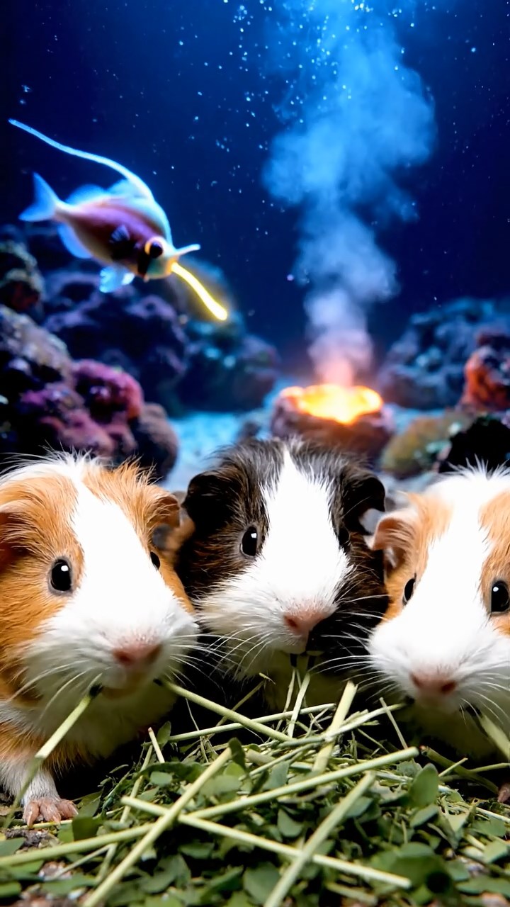 1309. Photorealistic photo of 4 smooth-haired White Crested guinea pigs with cinnamon, sable, and white fur, eating alfalfa hay, in a deep-sea abyss with anglerfish and hydrothermal vents.