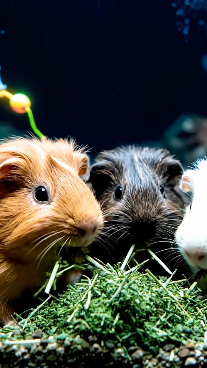 1309. Photorealistic photo of 4 smooth-haired White Crested guinea pigs with cinnamon, sable, and white fur, eating alfalfa hay, in a deep-sea abyss with anglerfish and hydrothermal vents.