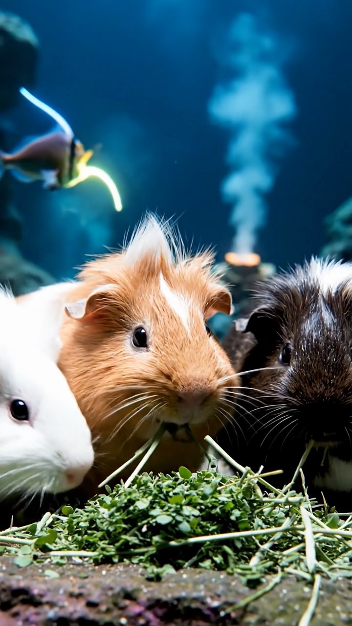 1309. Photorealistic photo of 4 smooth-haired White Crested guinea pigs with cinnamon, sable, and white fur, eating alfalfa hay, in a deep-sea abyss with anglerfish and hydrothermal vents.