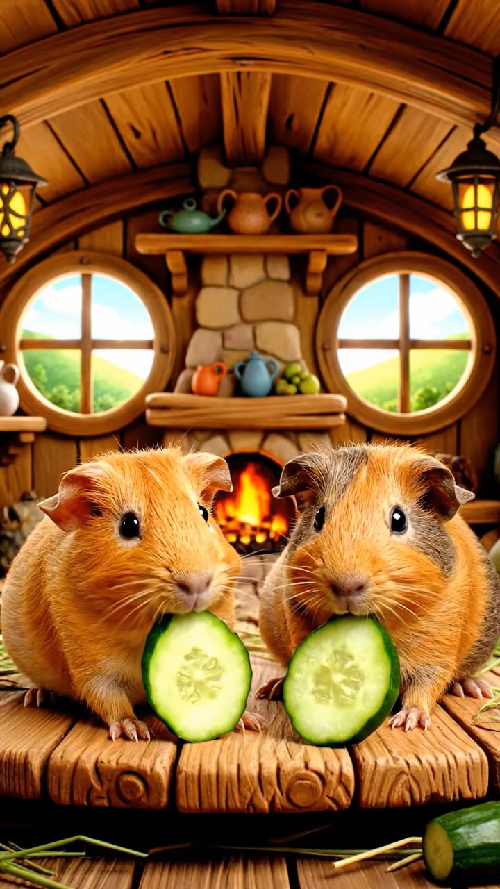 1310. Realistic depiction of 2 smooth-haired Skinny guinea pigs in orange and gray colors, chewing on cucumber slices, inside a whimsical hobbit shire home with round windows and green hills.