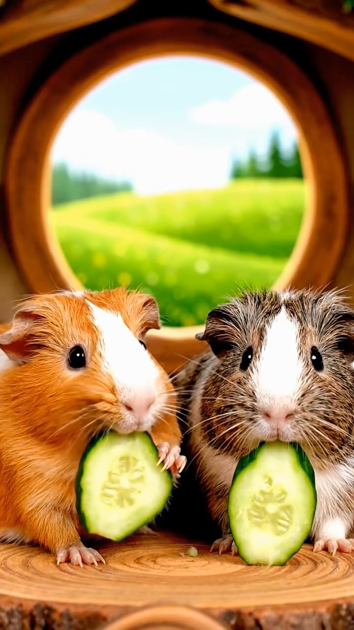 1310. Realistic depiction of 2 smooth-haired Skinny guinea pigs in orange and gray colors, chewing on cucumber slices, inside a whimsical hobbit shire home with round windows and green hills.
