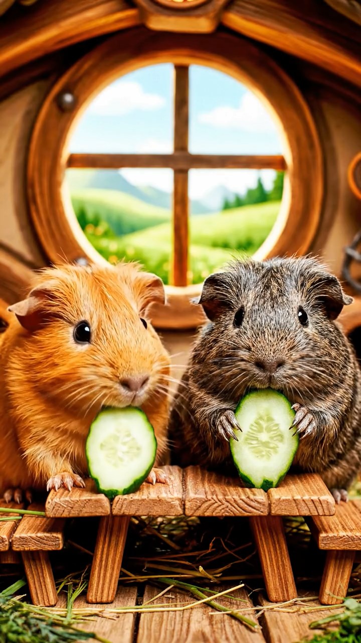 1310. Realistic depiction of 2 smooth-haired Skinny guinea pigs in orange and gray colors, chewing on cucumber slices, inside a whimsical hobbit shire home with round windows and green hills.