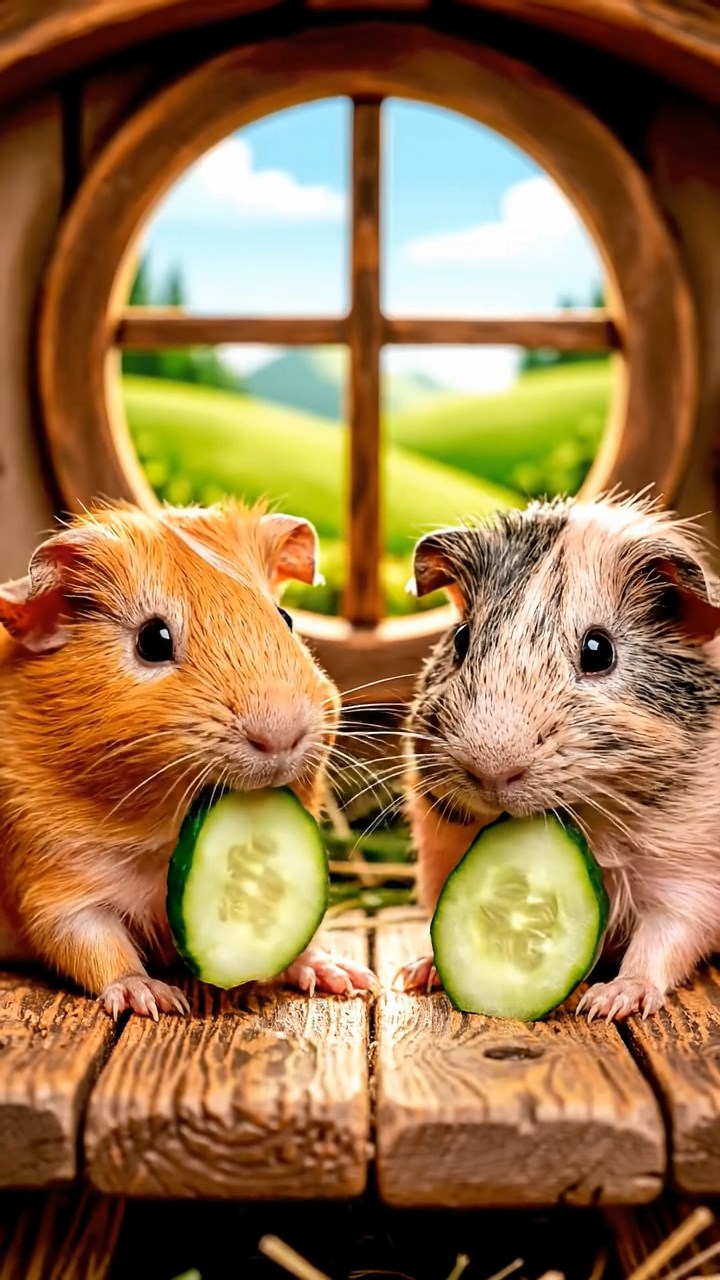 1310. Realistic depiction of 2 smooth-haired Skinny guinea pigs in orange and gray colors, chewing on cucumber slices, inside a whimsical hobbit shire home with round windows and green hills.