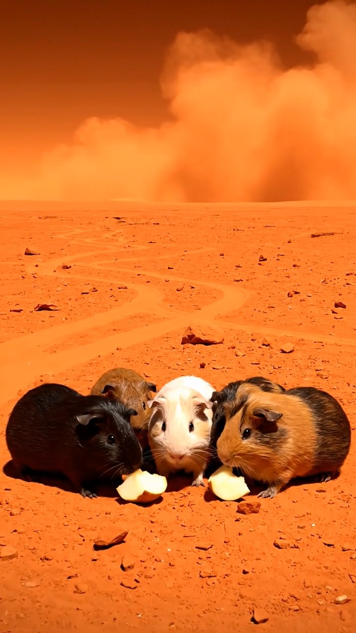 1311. Detailed realistic image of 5 smooth-haired American guinea pigs with black, brown, and cream fur, sharing pear chunks, on a red Martian plain with dust storms and rover paths.