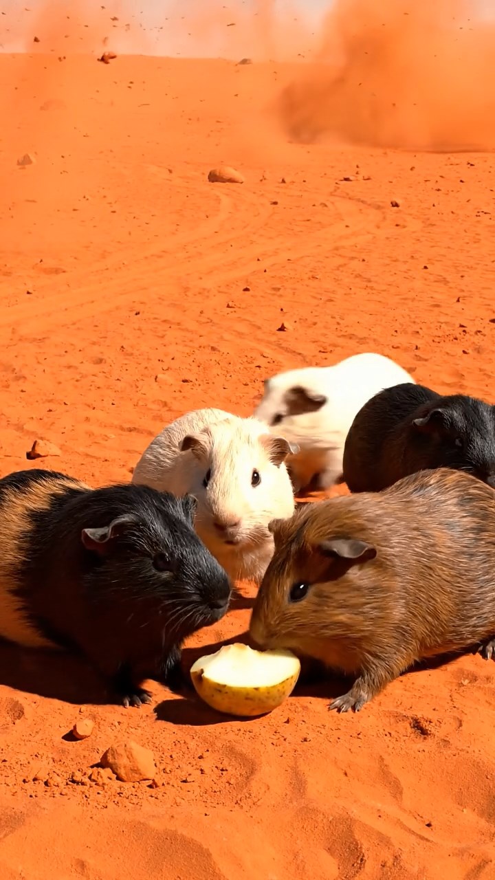 1311. Detailed realistic image of 5 smooth-haired American guinea pigs with black, brown, and cream fur, sharing pear chunks, on a red Martian plain with dust storms and rover paths.