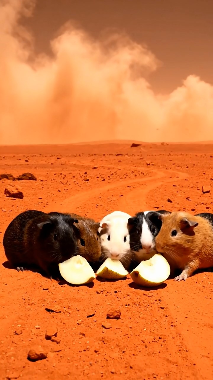 1311. Detailed realistic image of 5 smooth-haired American guinea pigs with black, brown, and cream fur, sharing pear chunks, on a red Martian plain with dust storms and rover paths.