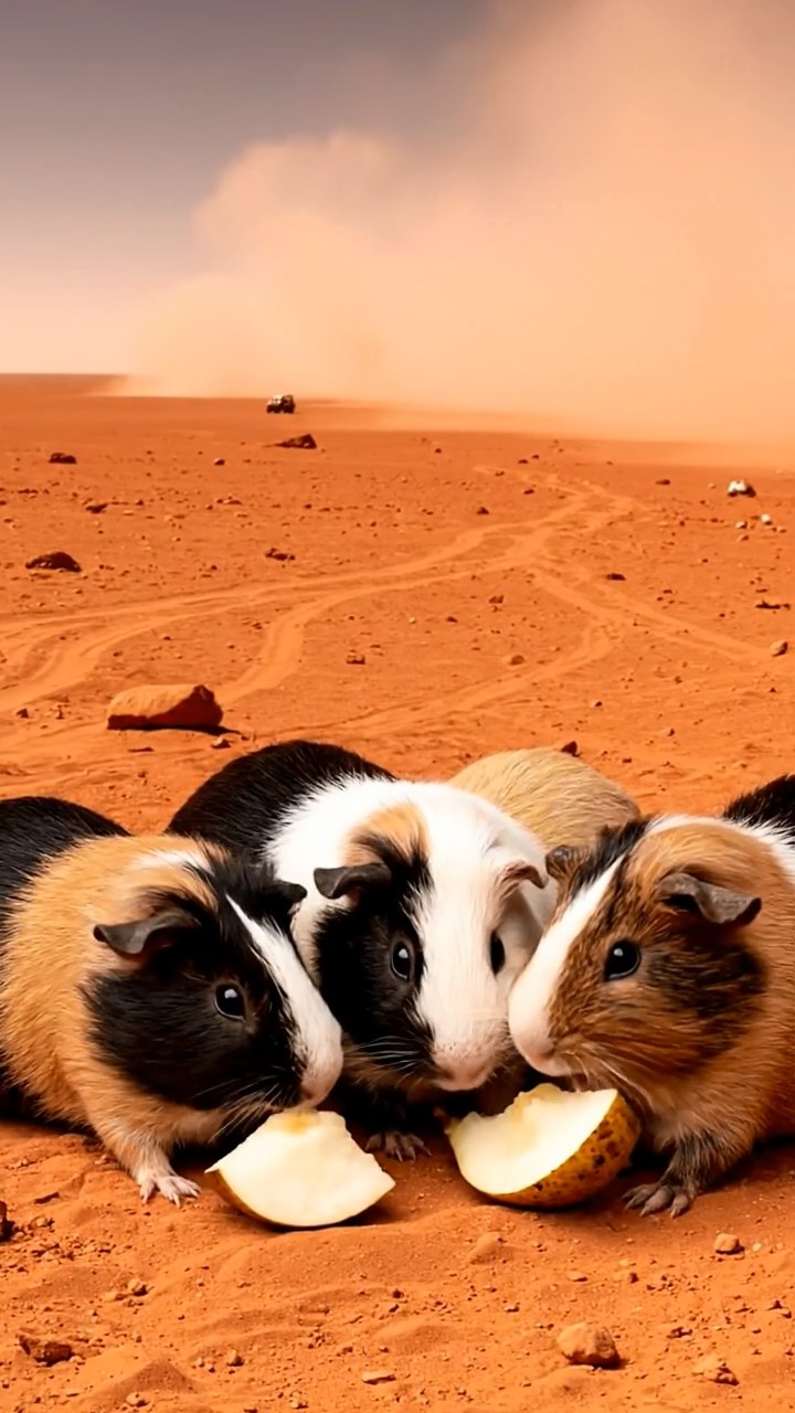 1311. Detailed realistic image of 5 smooth-haired American guinea pigs with black, brown, and cream fur, sharing pear chunks, on a red Martian plain with dust storms and rover paths.