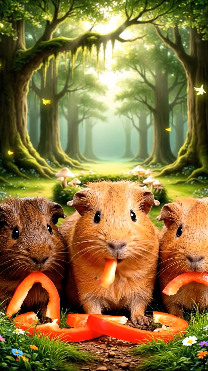 1312. Photorealistic scene of 3 smooth-haired Abyssinian guinea pigs featuring fawn, chocolate, and cinnamon coats, munching on bell pepper strips, in a magical glade with fireflies and fairy rings.