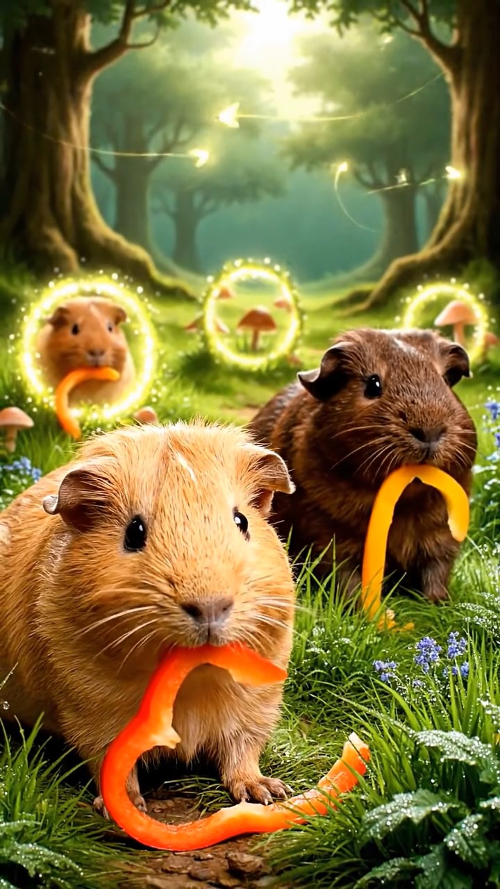 1312. Photorealistic scene of 3 smooth-haired Abyssinian guinea pigs featuring fawn, chocolate, and cinnamon coats, munching on bell pepper strips, in a magical glade with fireflies and fairy rings.