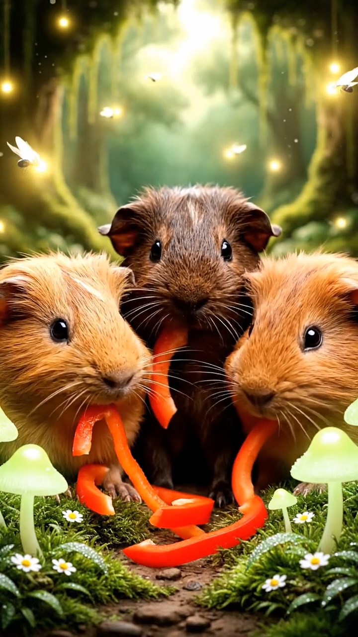 1312. Photorealistic scene of 3 smooth-haired Abyssinian guinea pigs featuring fawn, chocolate, and cinnamon coats, munching on bell pepper strips, in a magical glade with fireflies and fairy rings.