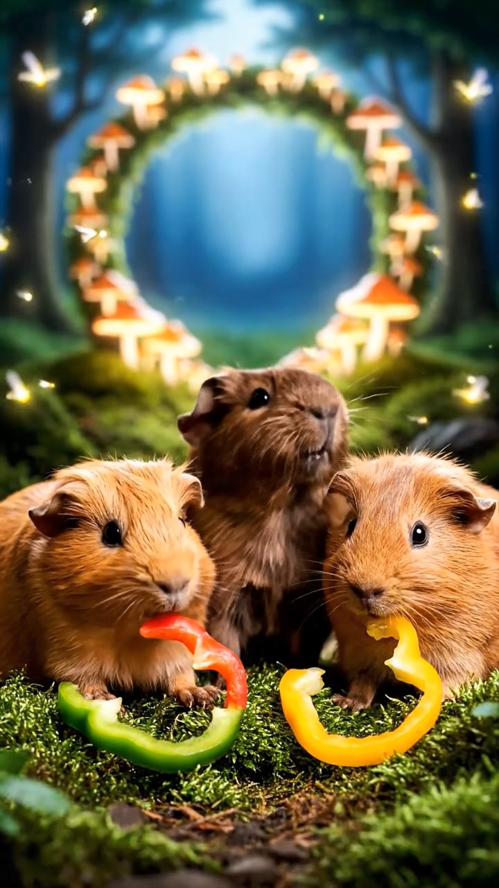 1312. Photorealistic scene of 3 smooth-haired Abyssinian guinea pigs featuring fawn, chocolate, and cinnamon coats, munching on bell pepper strips, in a magical glade with fireflies and fairy rings.