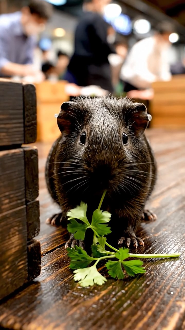 1313. Realistic photo of 1 smooth-haired Peruvian guinea pig with sable fur, eating fresh parsley, on a crowded Japanese seafood auction floor with crates and bidders.