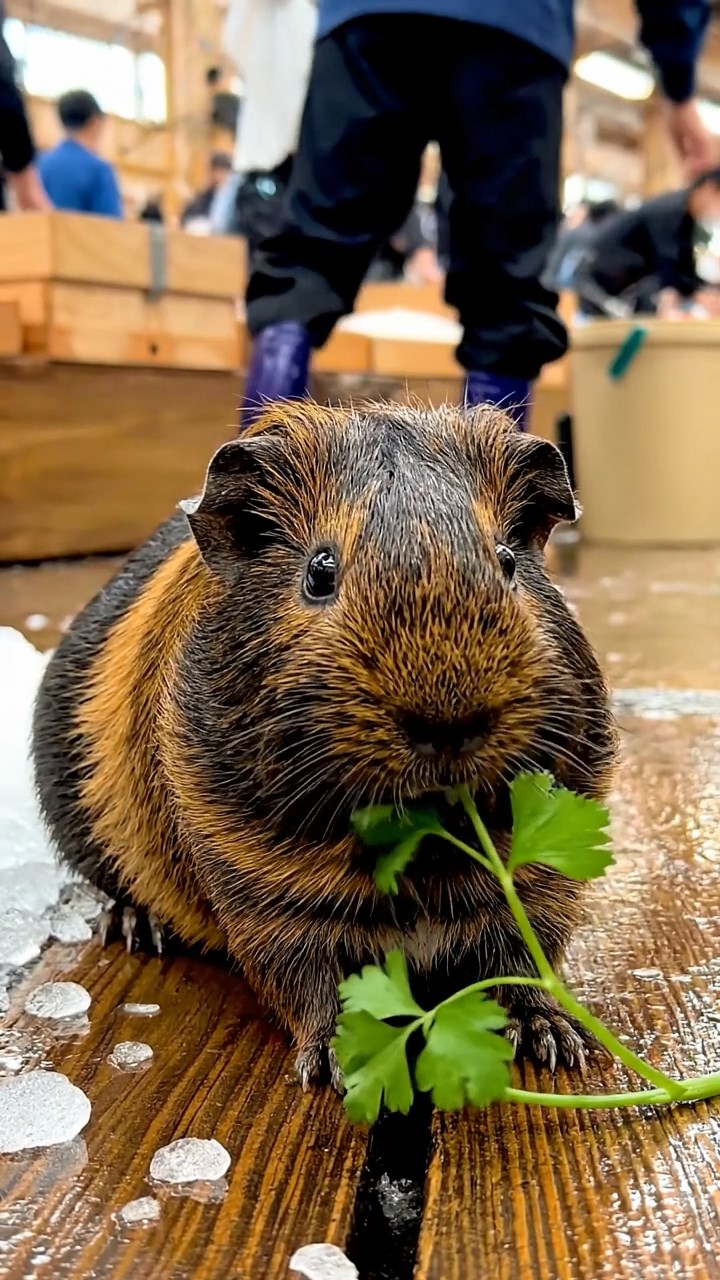 1313. Realistic photo of 1 smooth-haired Peruvian guinea pig with sable fur, eating fresh parsley, on a crowded Japanese seafood auction floor with crates and bidders.