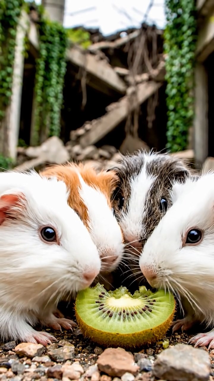 1314. Highly detailed view of 4 smooth-haired Silkie guinea pigs with white, orange, and gray fur, nibbling on kiwi fruit, in a overgrown apocalyptic urban ruin with vines and collapsed buildings.