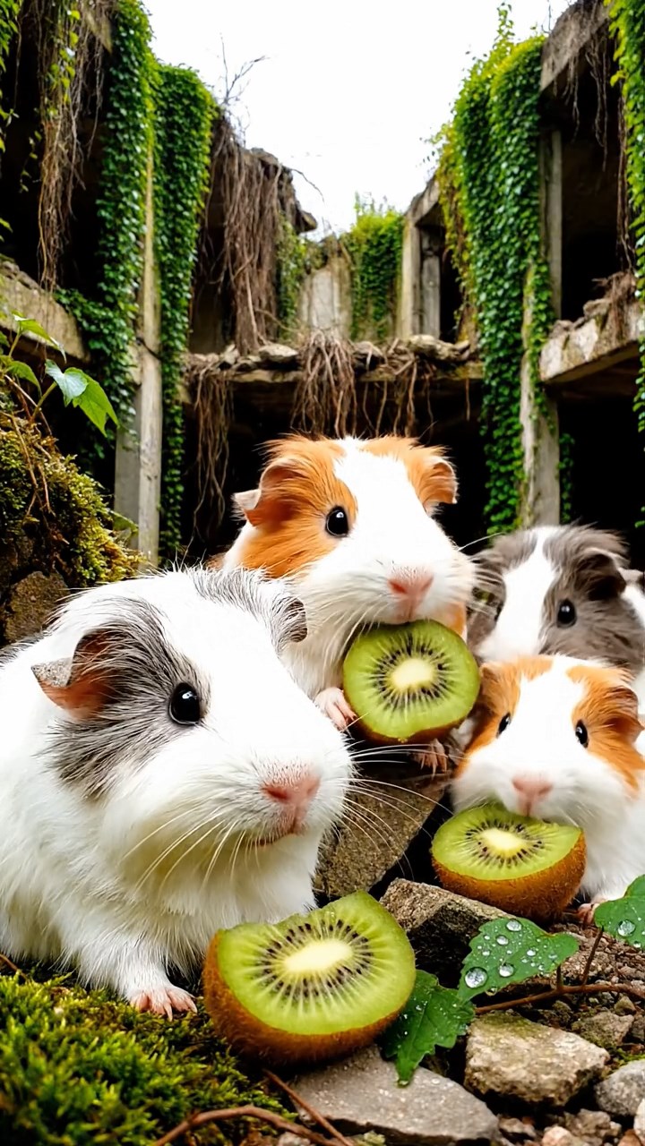 1314. Highly detailed view of 4 smooth-haired Silkie guinea pigs with white, orange, and gray fur, nibbling on kiwi fruit, in a overgrown apocalyptic urban ruin with vines and collapsed buildings.