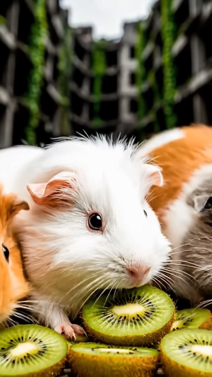 1314. Highly detailed view of 4 smooth-haired Silkie guinea pigs with white, orange, and gray fur, nibbling on kiwi fruit, in a overgrown apocalyptic urban ruin with vines and collapsed buildings.