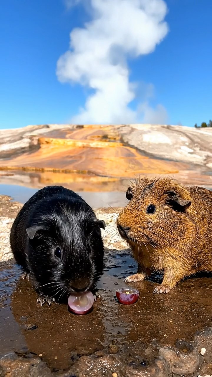 1315. Photorealistic image of 2 smooth-haired Teddy guinea pigs in black and brown colors, enjoying grape halves, near a erupting geyser basin with steam plumes and mineral terraces.