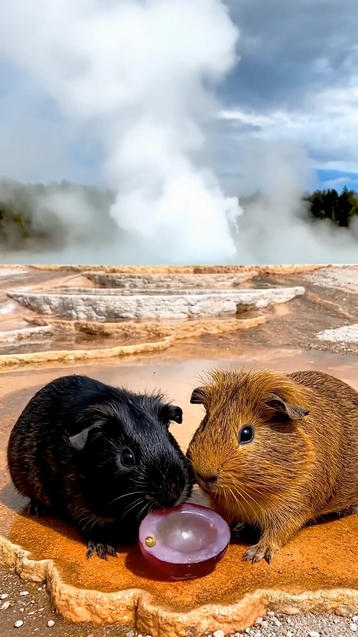 1315. Photorealistic image of 2 smooth-haired Teddy guinea pigs in black and brown colors, enjoying grape halves, near a erupting geyser basin with steam plumes and mineral terraces.