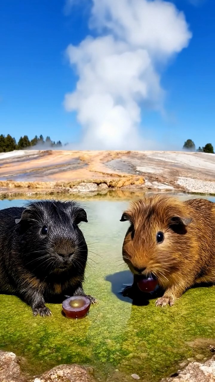 1315. Photorealistic image of 2 smooth-haired Teddy guinea pigs in black and brown colors, enjoying grape halves, near a erupting geyser basin with steam plumes and mineral terraces.